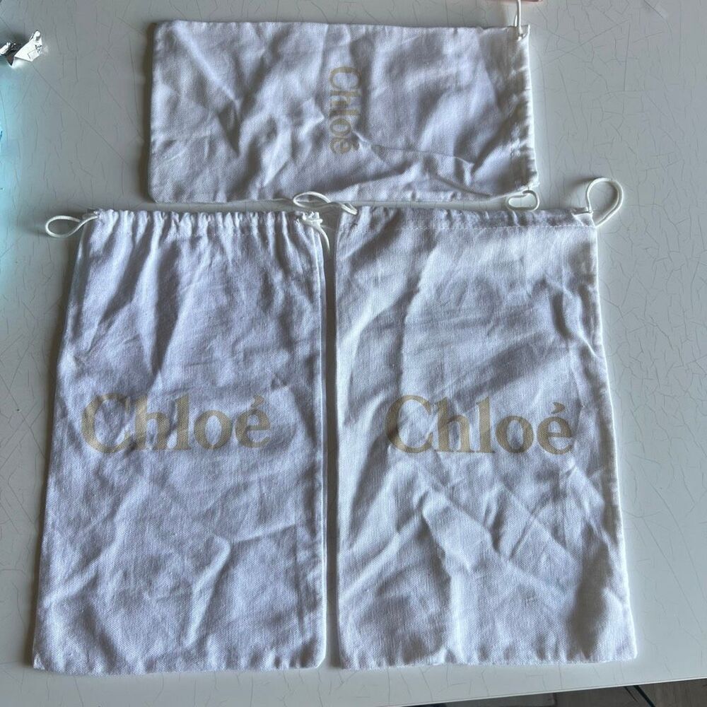 Chloé branded white drawstring dust cover bags, bags shoes set of 3